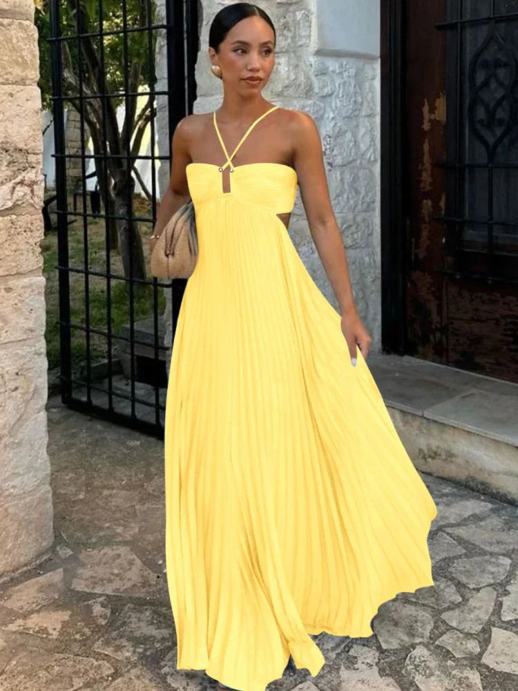 Women's Pleated Maxi Dress – Crossover Halter Neck Open Back Wedding Guest
