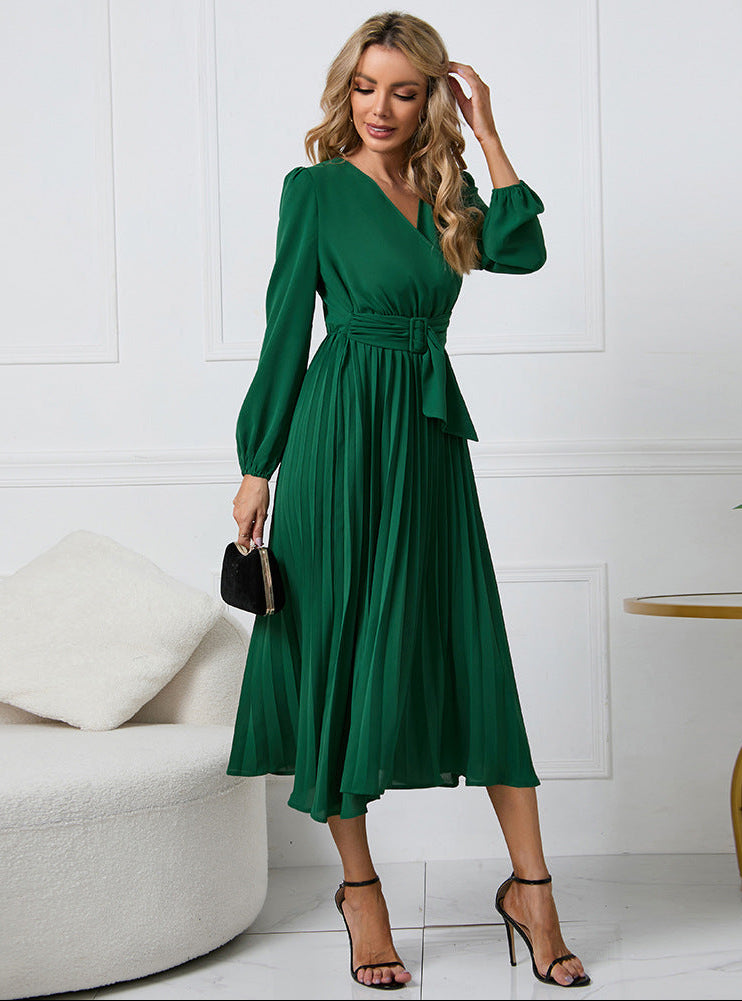 Women's Pleated Midi Dress – V Neck Long Sleeve Belted Cocktail Wedding Guest
