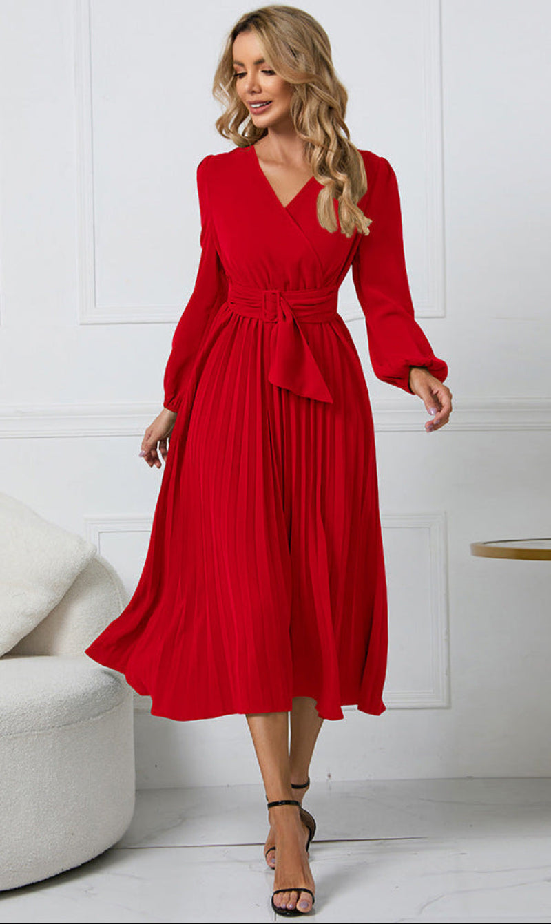 Women's Pleated Midi Dress – V Neck Long Sleeve Belted Cocktail Wedding Guest