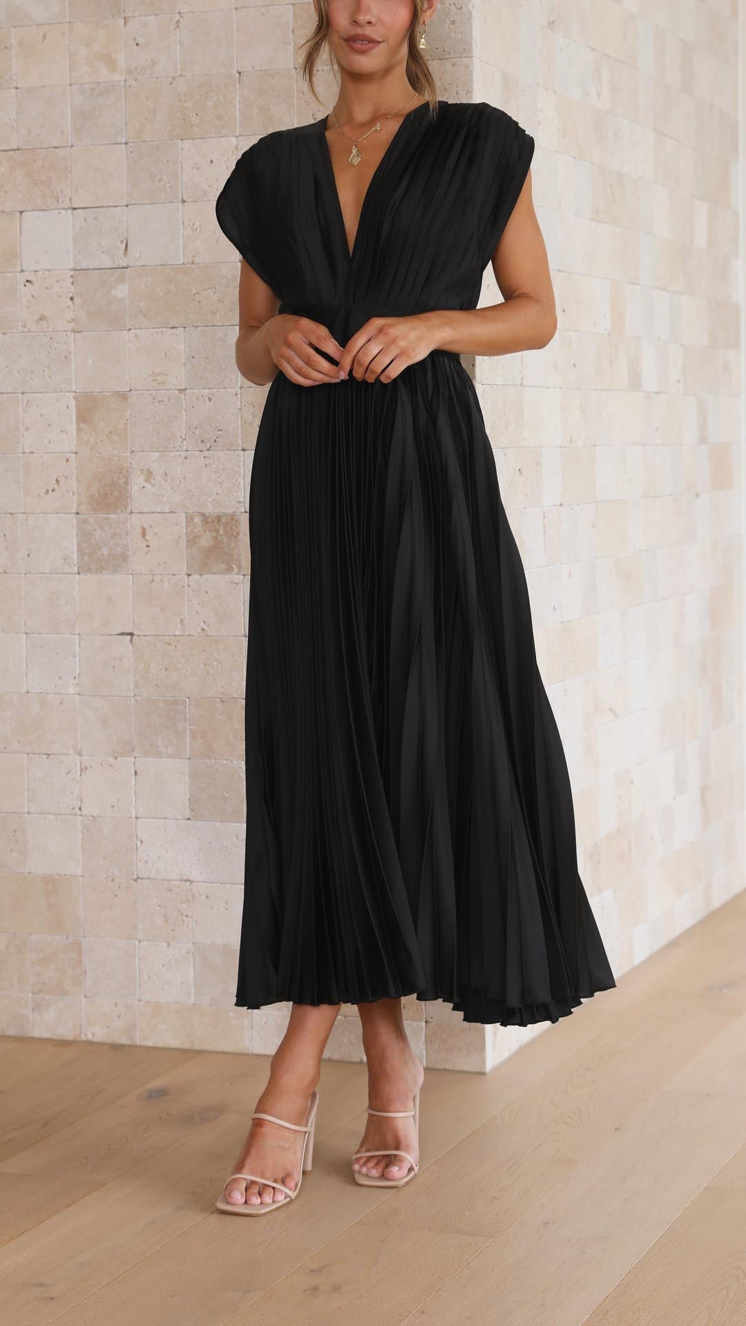 Women's Pleated V Neck Cap Sleeve Midi – Fitted Waist Wedding Guest Dress