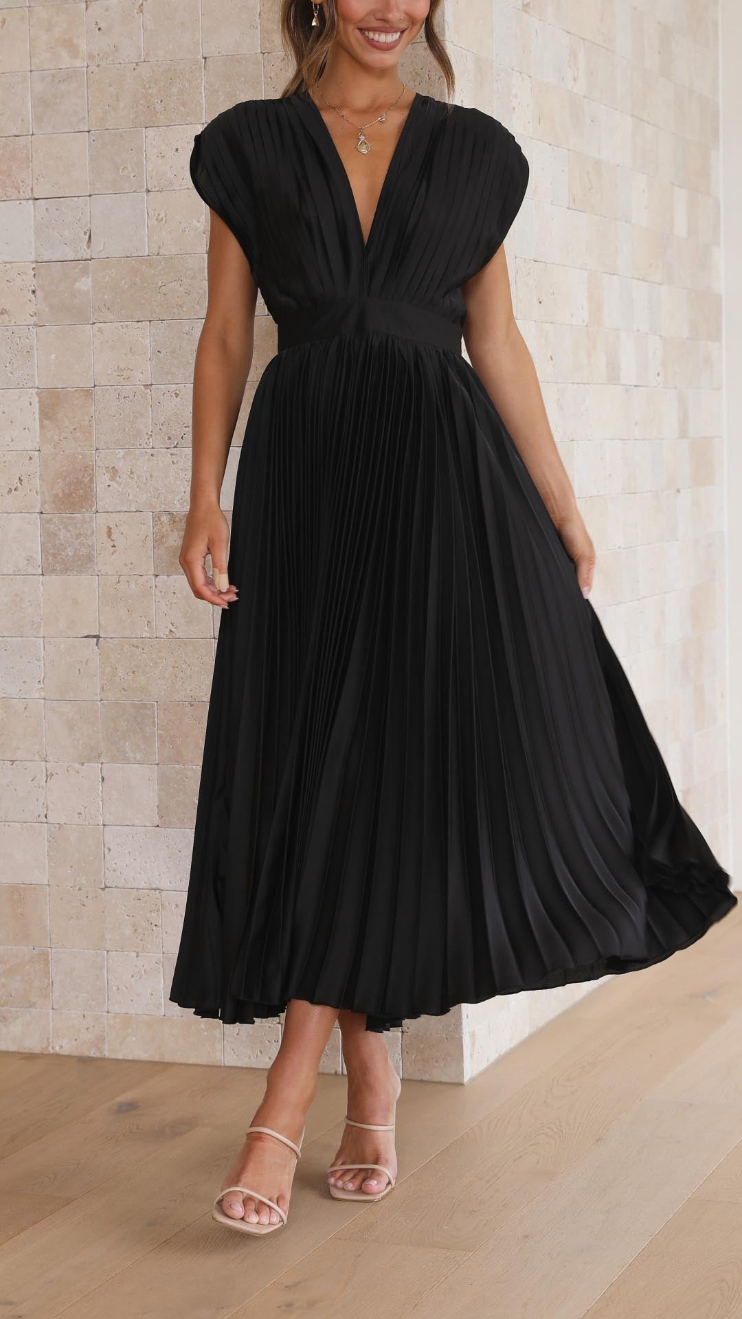 Women's Pleated V Neck Cap Sleeve Midi – Fitted Waist Wedding Guest Dress
