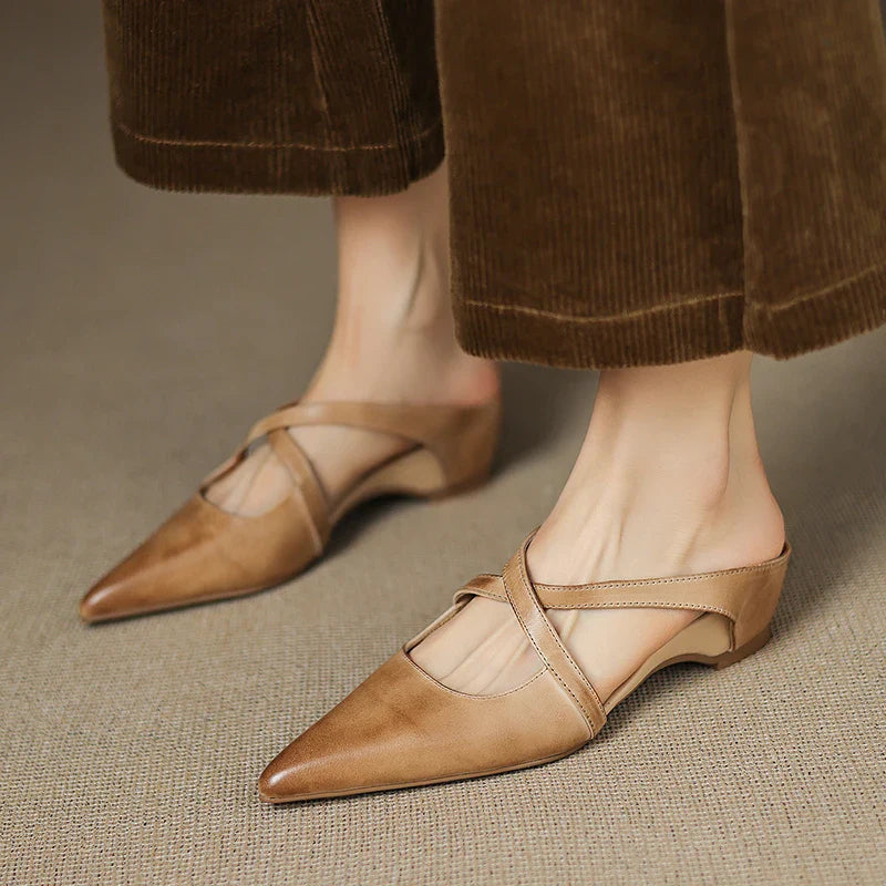 Women's Pointed Toe Mule Shoes – Cross Strap Cutout Low Heel Casual