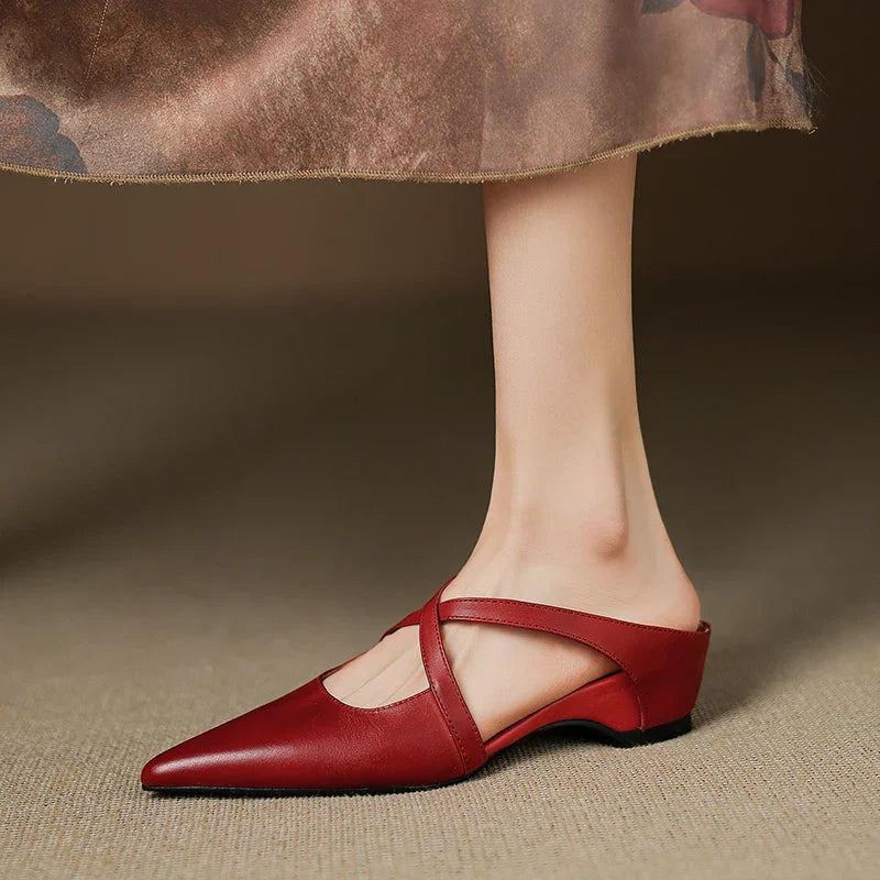 Women's Pointed Toe Mule Shoes – Cross Strap Cutout Low Heel Casual