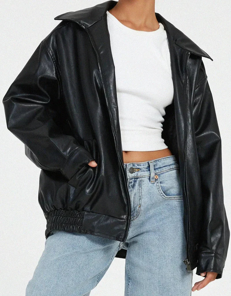 Women's PU Oversized Bomber Jacket – Zip Front Wide Collar Gathered Hem
