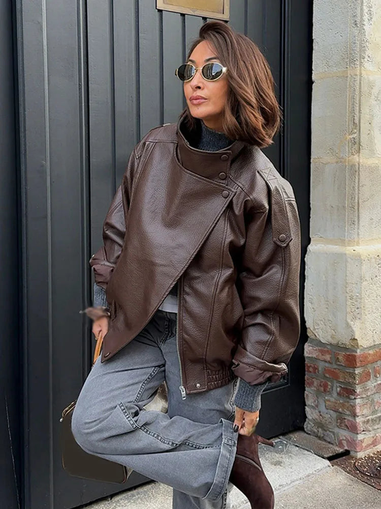 Women's PU Oversized Jacket – High Neck Zip Front Moto Street Style