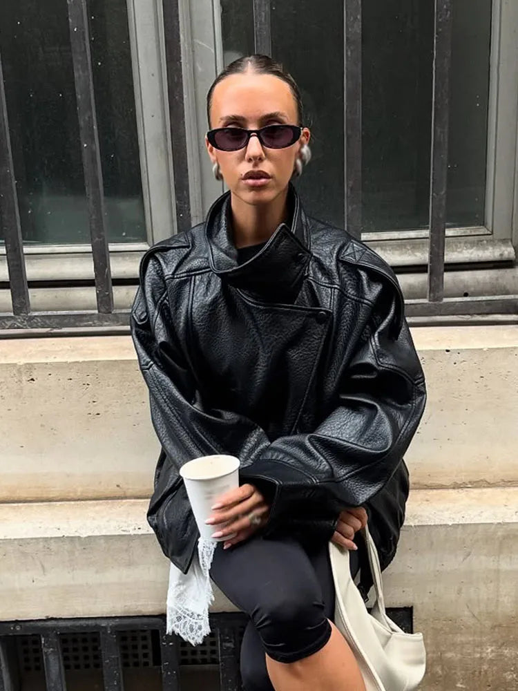 Women's PU Oversized Jacket – High Neck Zip Front Moto Street Style