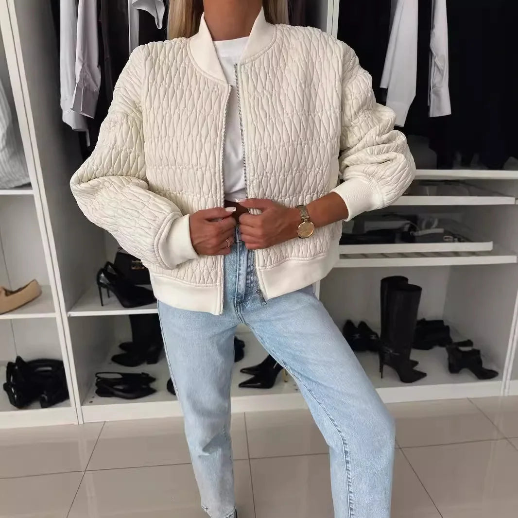 Women's Quilted Bomber Jacket – Zip Front Ribbed Collar Long Sleeve Casual