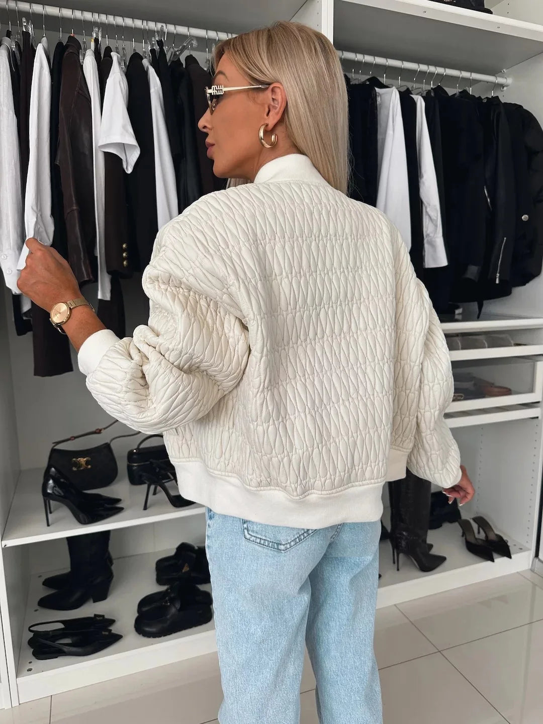 Women's Quilted Bomber Jacket – Zip Front Ribbed Collar Long Sleeve Casual