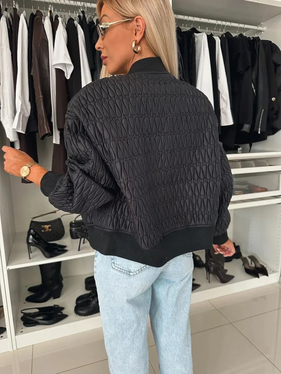 Women's Quilted Bomber Jacket – Zip Front Ribbed Collar Long Sleeve Casual