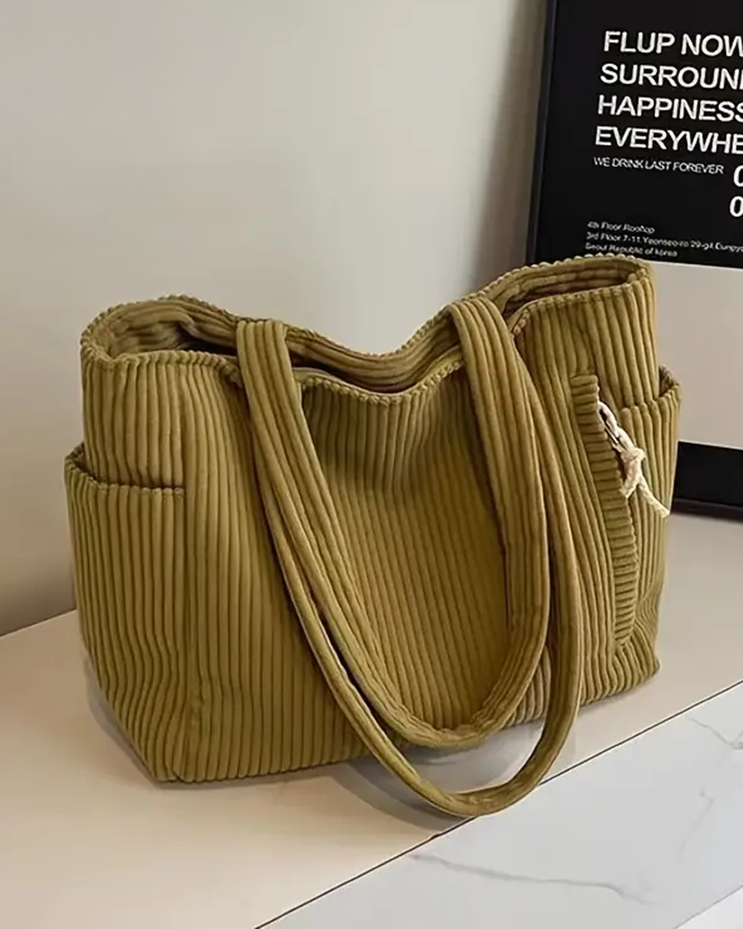 Women's Ribbed Corduroy Tote Shoulder Bag – Side Pocket Open Top Everyday