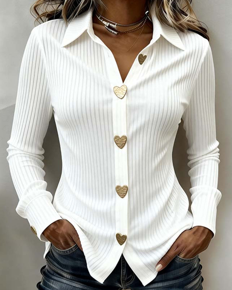 Women's Ribbed Heart Button Down Shirt – Pointed Collar Long Sleeve Casual
