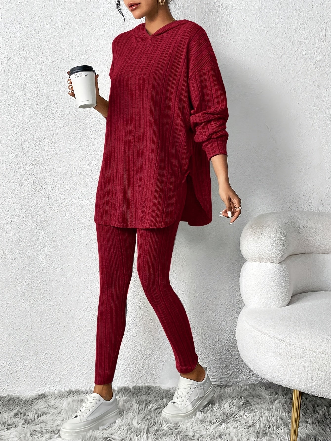 Women's Ribbed Knit 2 Piece Lounge Set – Hoodie Long Sleeve Leggings Casual