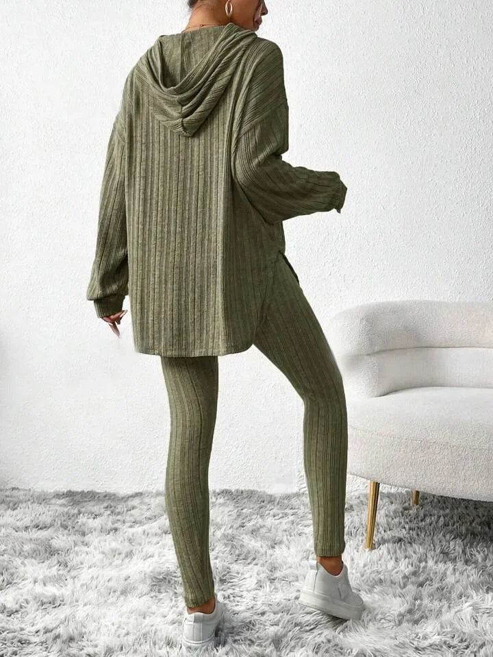 Women's Ribbed Knit 2 Piece Lounge Set – Hoodie Long Sleeve Leggings Casual