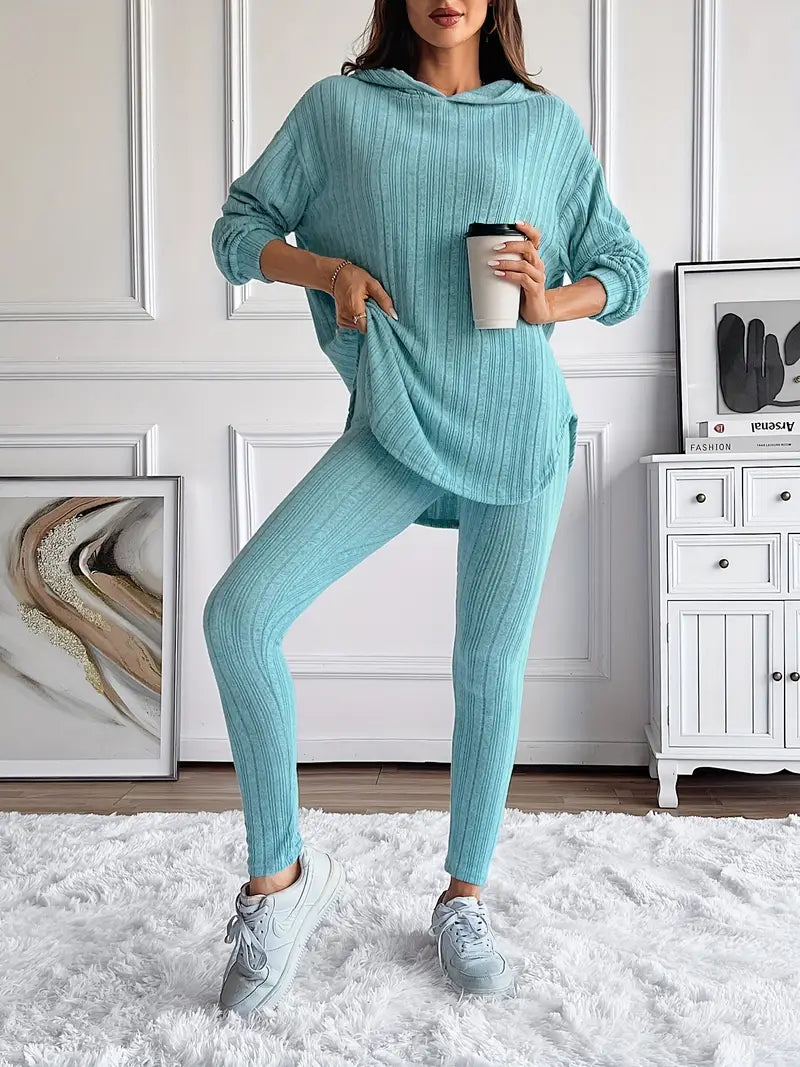 Women's Ribbed Knit 2 Piece Lounge Set – Hoodie Long Sleeve Leggings Casual