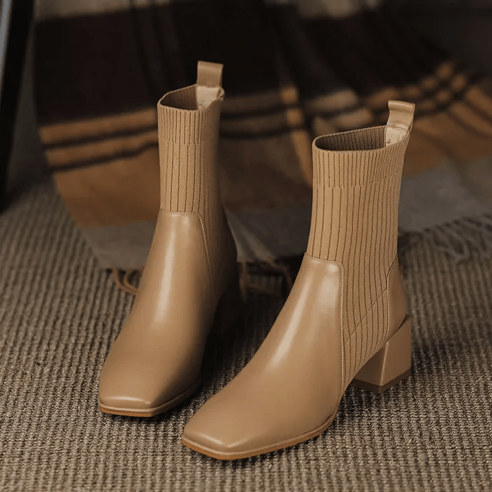 Women's Ribbed Knit Sock Ankle Boots – Square Toe Block Heel Slip On