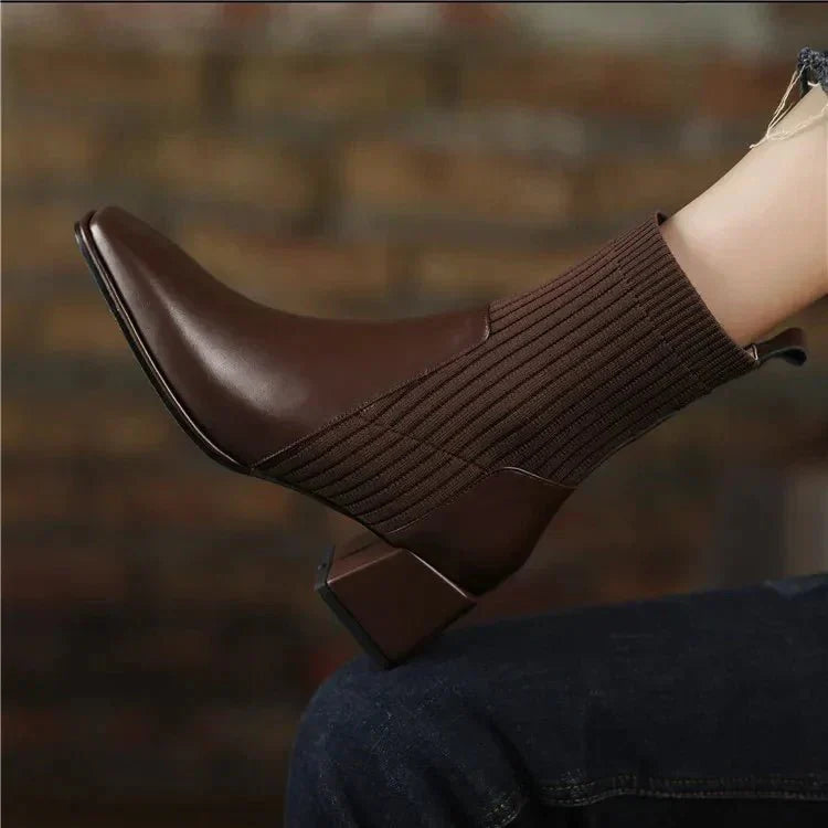 Women's Ribbed Knit Sock Ankle Boots – Square Toe Block Heel Slip On