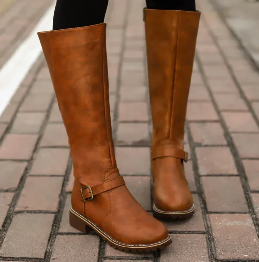 Women's Riding Knee High Boots – Buckle Strap Lug Sole Side Zip Casual Winter