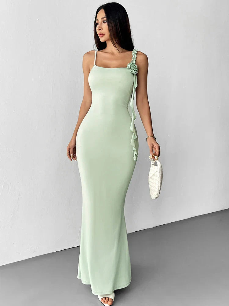 Women's Ruffle Strap Maxi Dress – 3D Rose Sleeveless Mermaid Wedding Guest