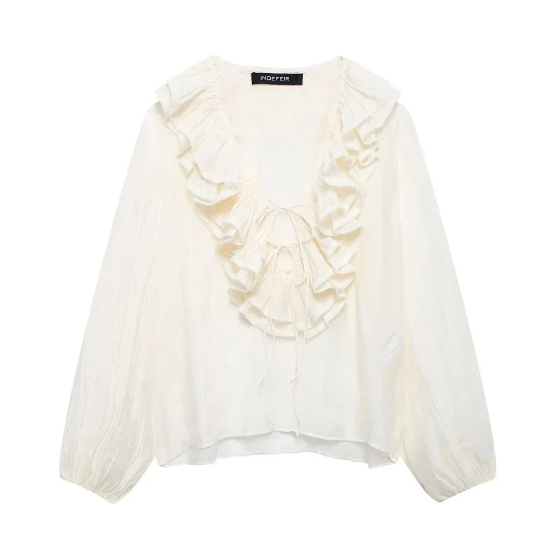 Women's Ruffle Tie Front Blouse – Deep V Neck Puff Sleeve Sheer Casual
