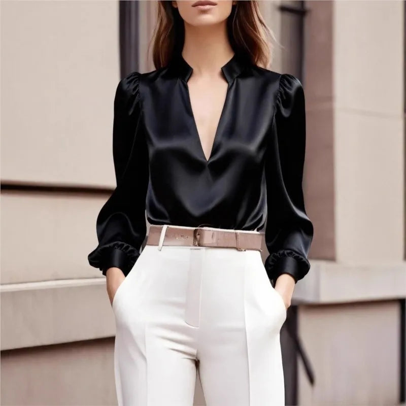 Women's Satin Long Sleeve Blouse – Deep V Neck Puff Sleeve Office Work Top
