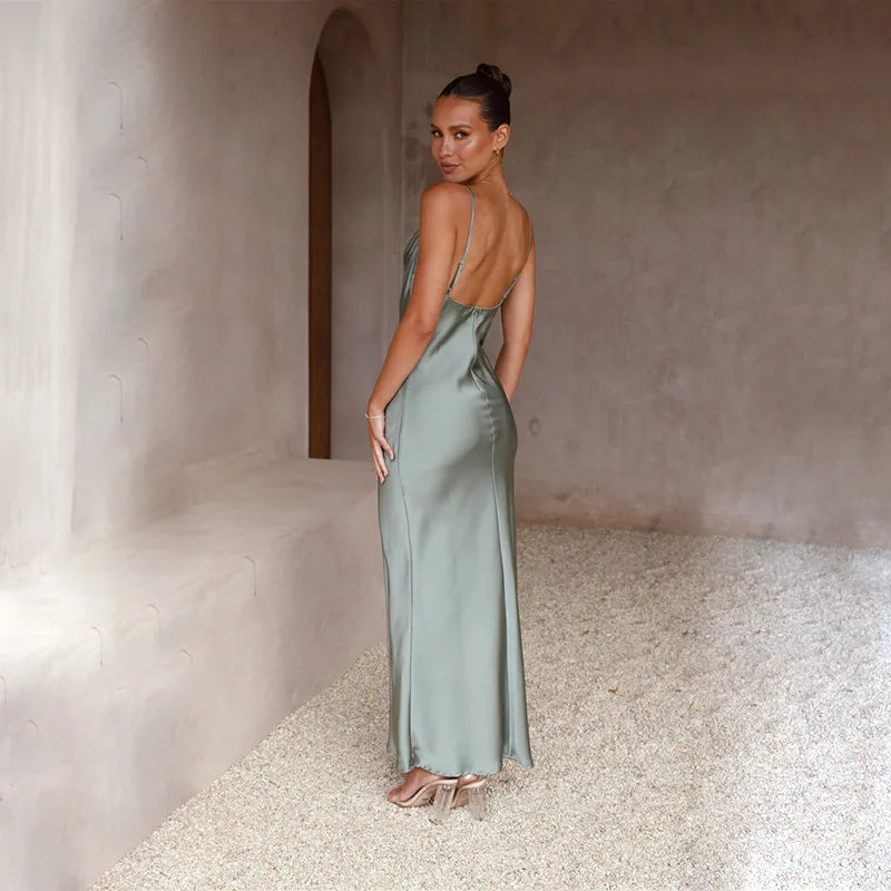 Women's Satin Slip Maxi Dress – Cowl Neck Spaghetti Strap Wedding Guest