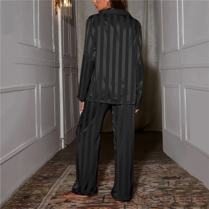Women's Satin Stripe Pajama Set – Long Sleeve Button Front Wide Leg Sleepwear