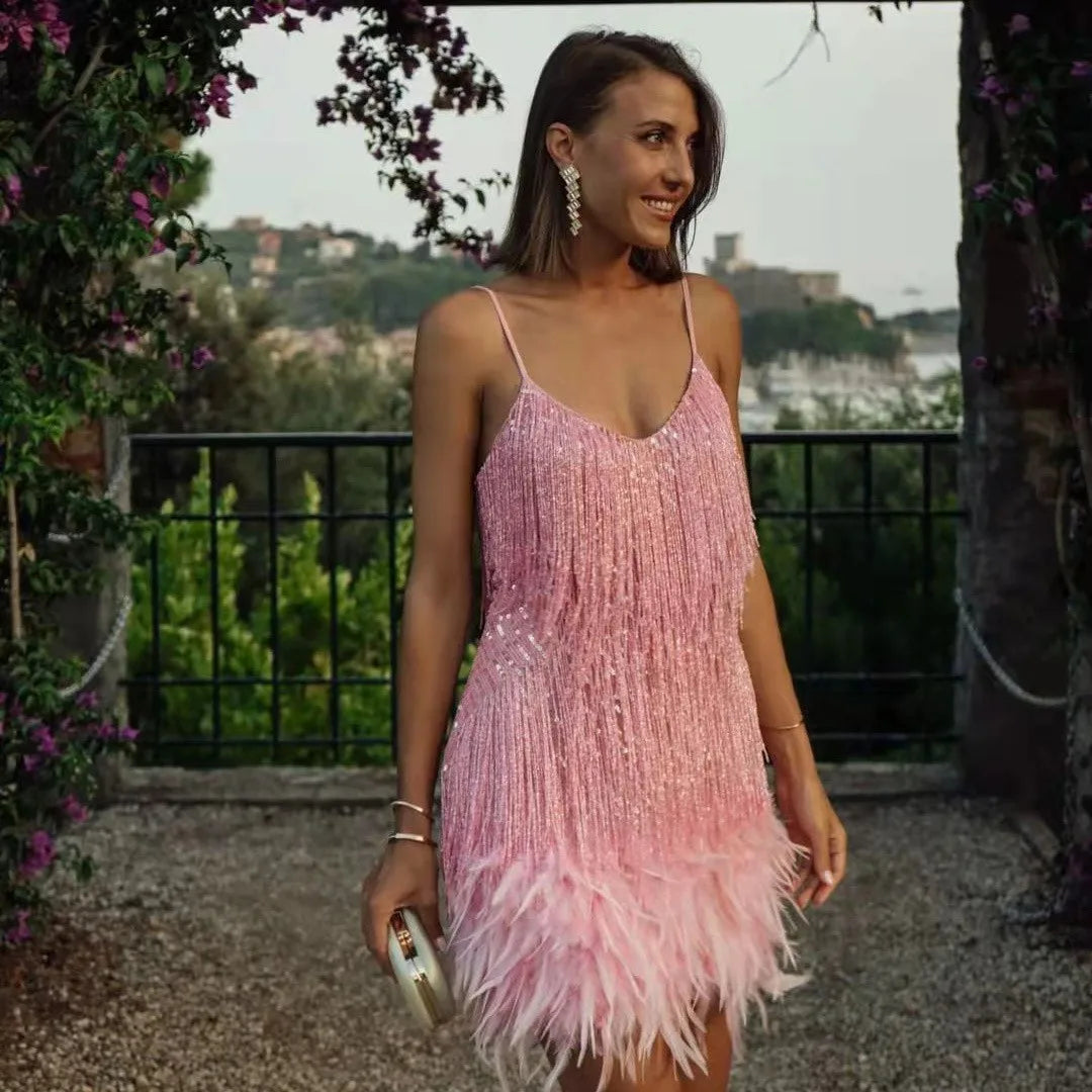 Women's Sequin Fringe Mini Dress – Spaghetti Strap V Neck Feather Cocktail