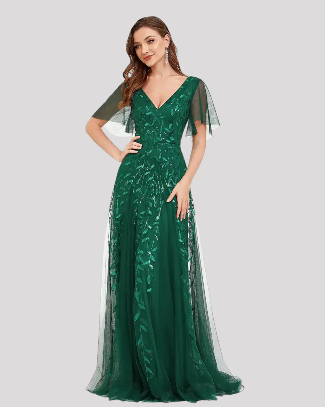 Women's Sequin Leaf Maxi Dress – V Neck Flutter Sleeve Wedding Guest