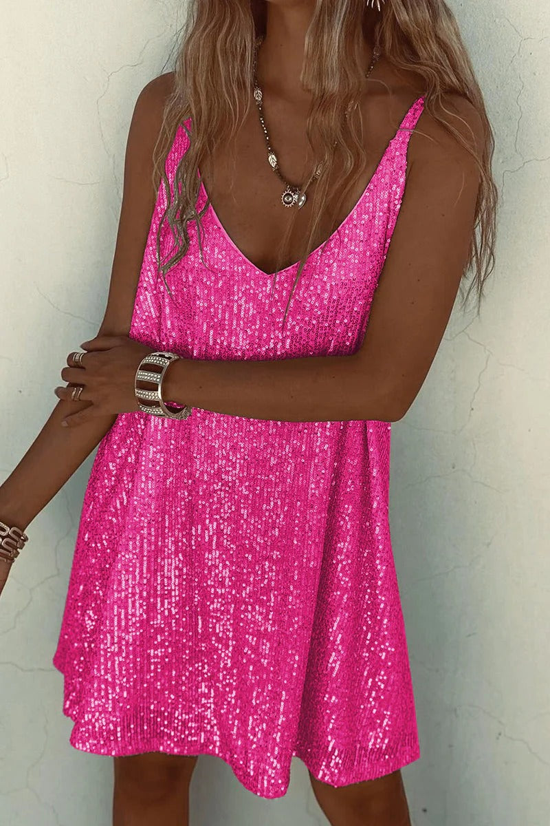 Women's Sequin Mini Dress – V Neck Spaghetti Strap Twist Waist Prom Party