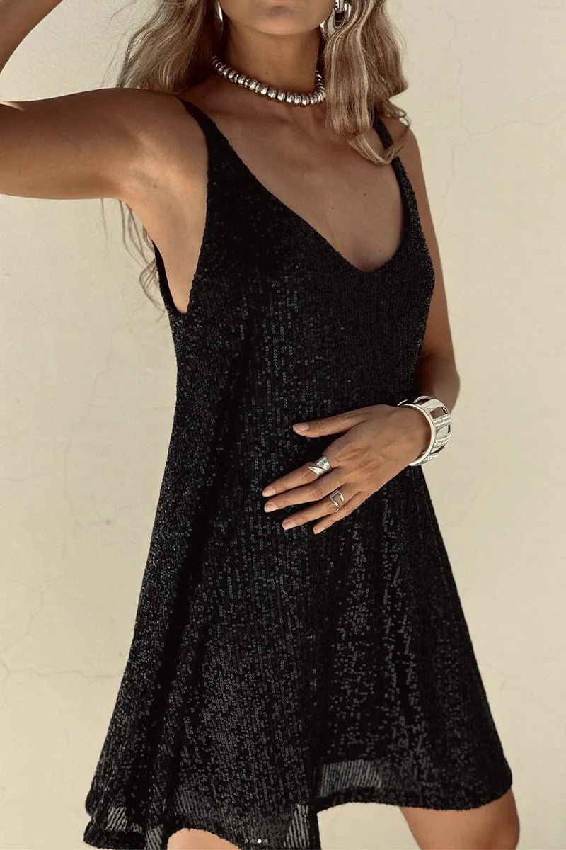 Women's Sequin Mini Dress – V Neck Spaghetti Strap Twist Waist Prom Party