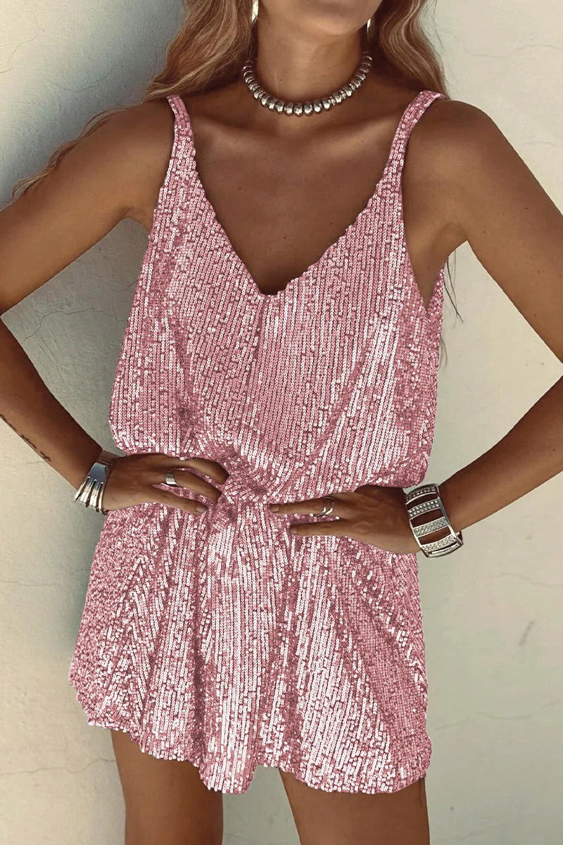 Women's Sequin Mini Dress – V Neck Spaghetti Strap Twist Waist Prom Party