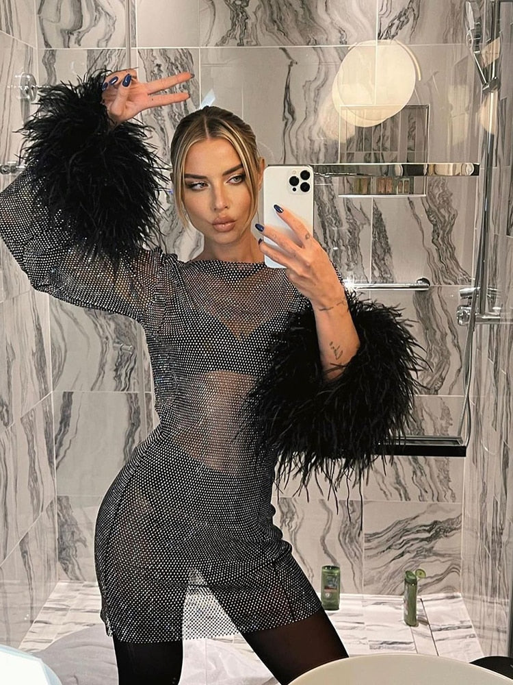 Women's Sequin Sheer Sleeve Mini Dress – Round Neck Feather Trim Cocktail