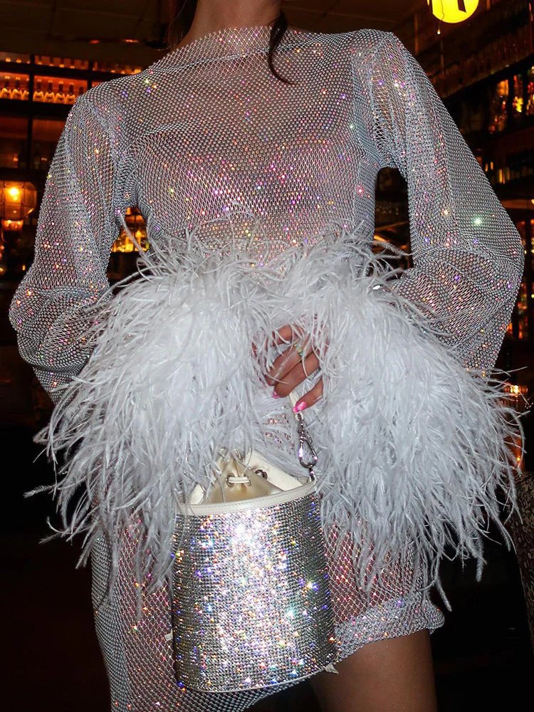 Women's Sequin Sheer Sleeve Mini Dress – Round Neck Feather Trim Cocktail