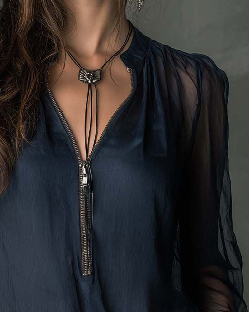 Women's Sheer V-Neck Blouse – Zip Front Long Sleeve Smocked Cuff Evening