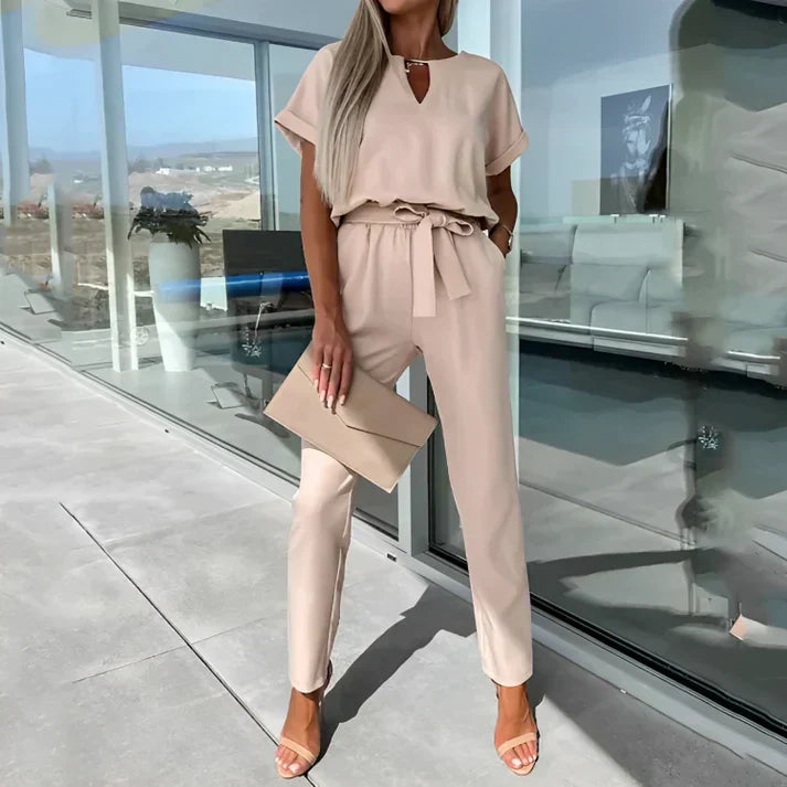 Women's Short Sleeve Belted Jumpsuit – Keyhole Neck Tapered Leg Smart Casual