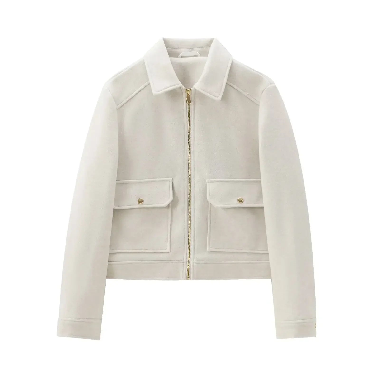 Women's Cropped Zip Front Bomber Jacket – Spread Collar Flap Pockets
