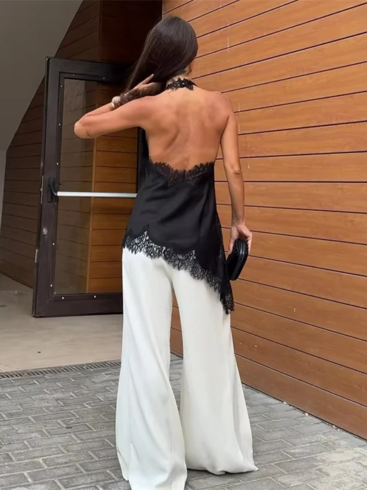 Women's Sleeveless Lace Trim Halter Top – Cowl Neck Open Back Asymmetric Hem