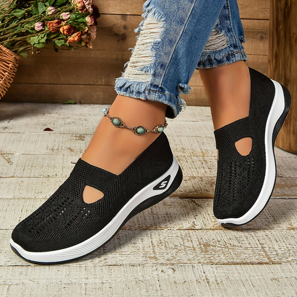 Women's Slip-On Knit Low Top Sneakers – Cut-Out Vamp Platform Walking Shoes