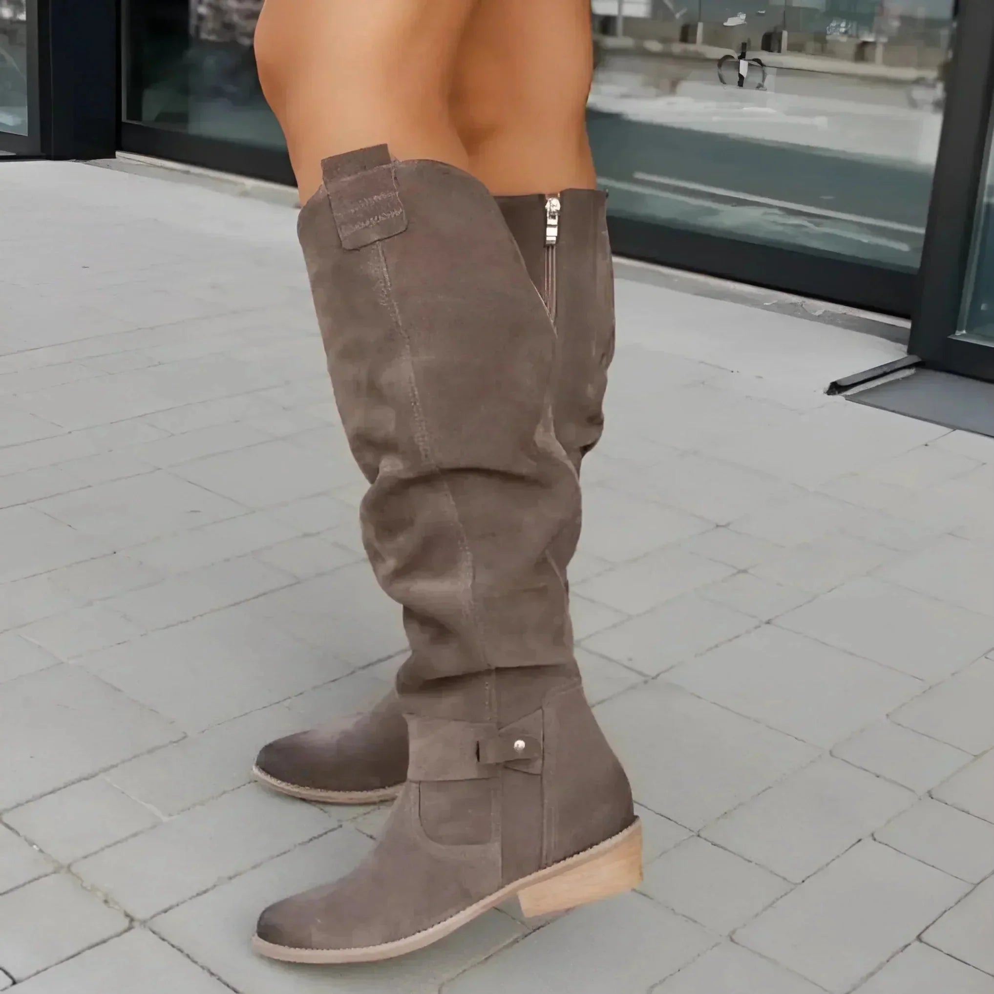 Women's Slouch Knee High Boots – Round Toe Flat Heel Strap Tab Casual Winter