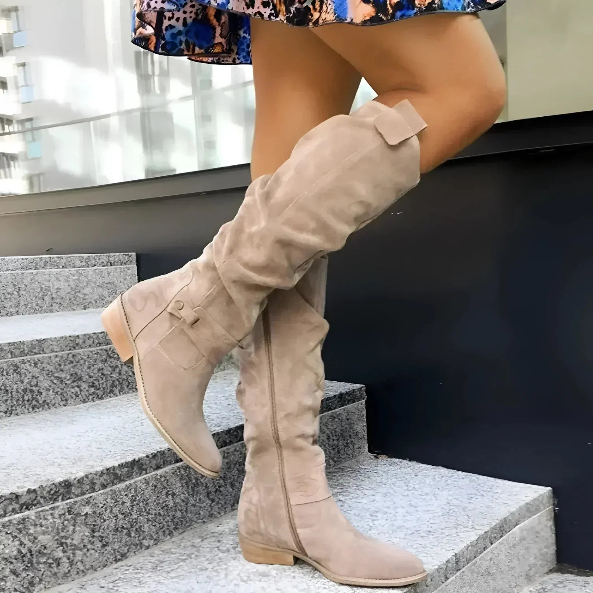 Women's Slouch Knee High Boots – Round Toe Flat Heel Strap Tab Casual Winter