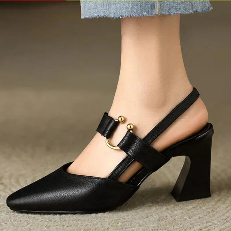 Women's Solid Pointed Toe Heels – Ankle Buckle Strap Block Heel Dress Shoes