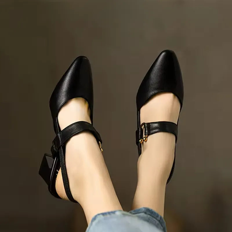 Women's Solid Pointed Toe Heels – Ankle Buckle Strap Block Heel Dress Shoes