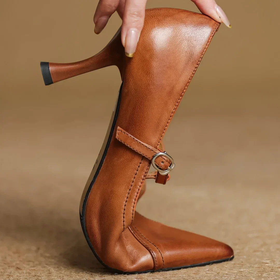 Women's Solid T-Strap Pointed Toe Pumps – Panelled Upper Slim Heel Dress Shoes