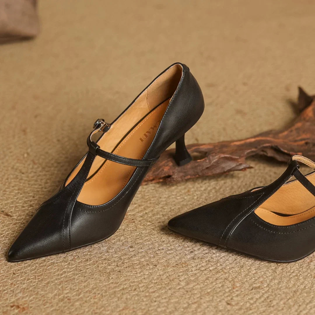 Women's Solid T-Strap Pointed Toe Pumps – Panelled Upper Slim Heel Dress Shoes