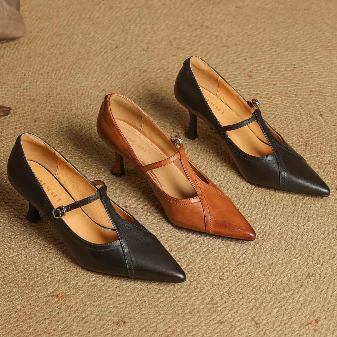 Women's Solid T-Strap Pointed Toe Pumps – Panelled Upper Slim Heel Dress Shoes