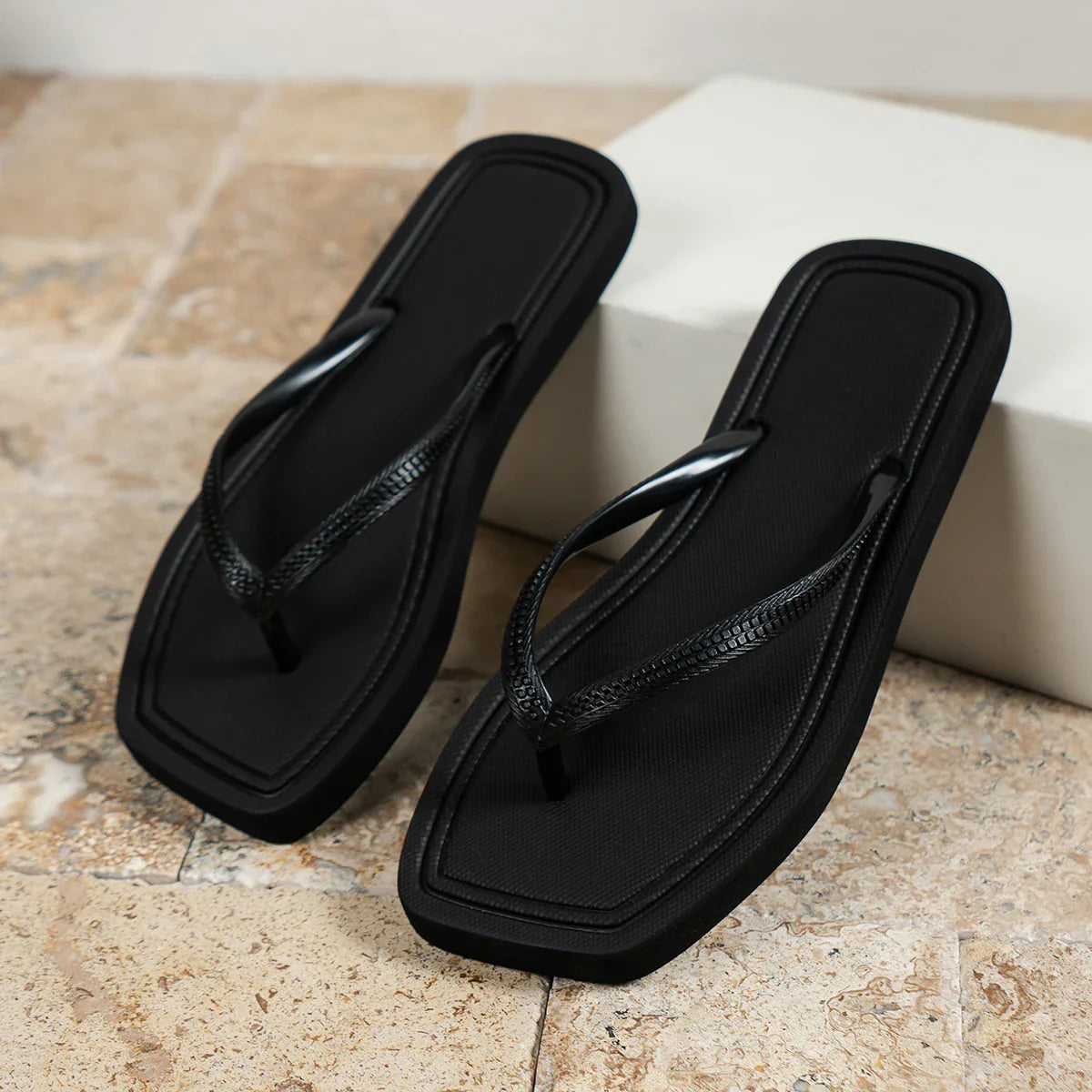 Women's Square Toe Flip Flops – Flat Thong Strap Open Toe Beach Summer