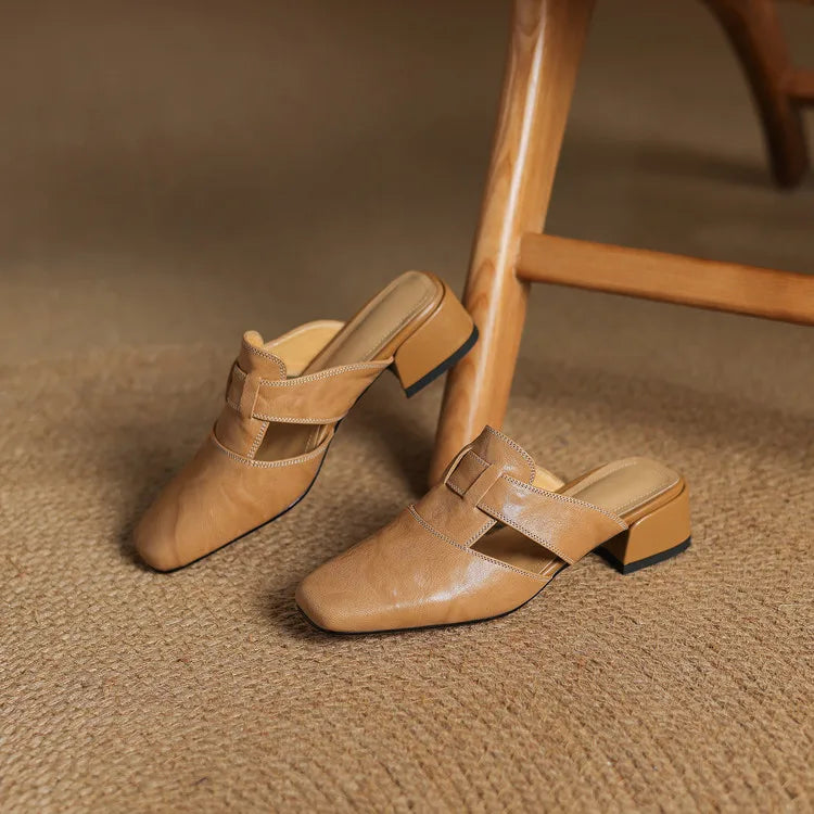 Women's Square Toe Mule Shoes – Block Heel H Strap Cutout Smart Casual