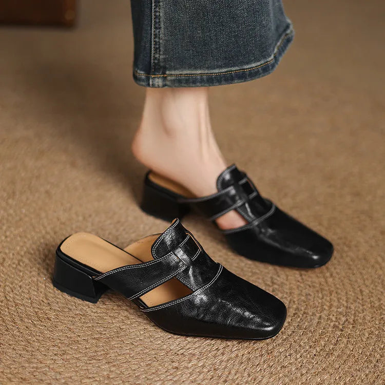 Women's Square Toe Mule Shoes – Block Heel H Strap Cutout Smart Casual
