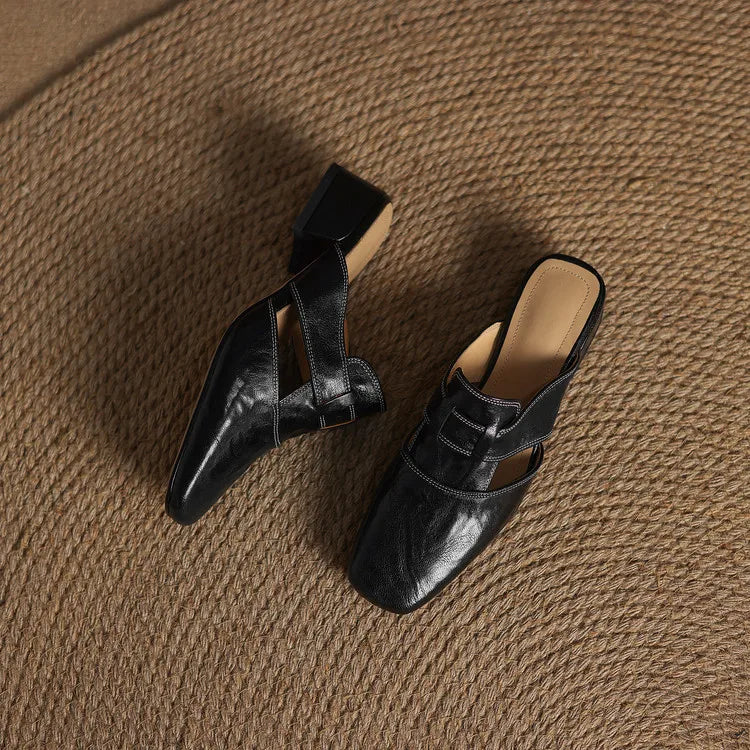 Women's Square Toe Mule Shoes – Block Heel H Strap Cutout Smart Casual
