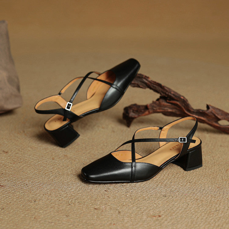 Women's Square Toe Slingback – Cross Strap Block Heel Office Work Shoes
